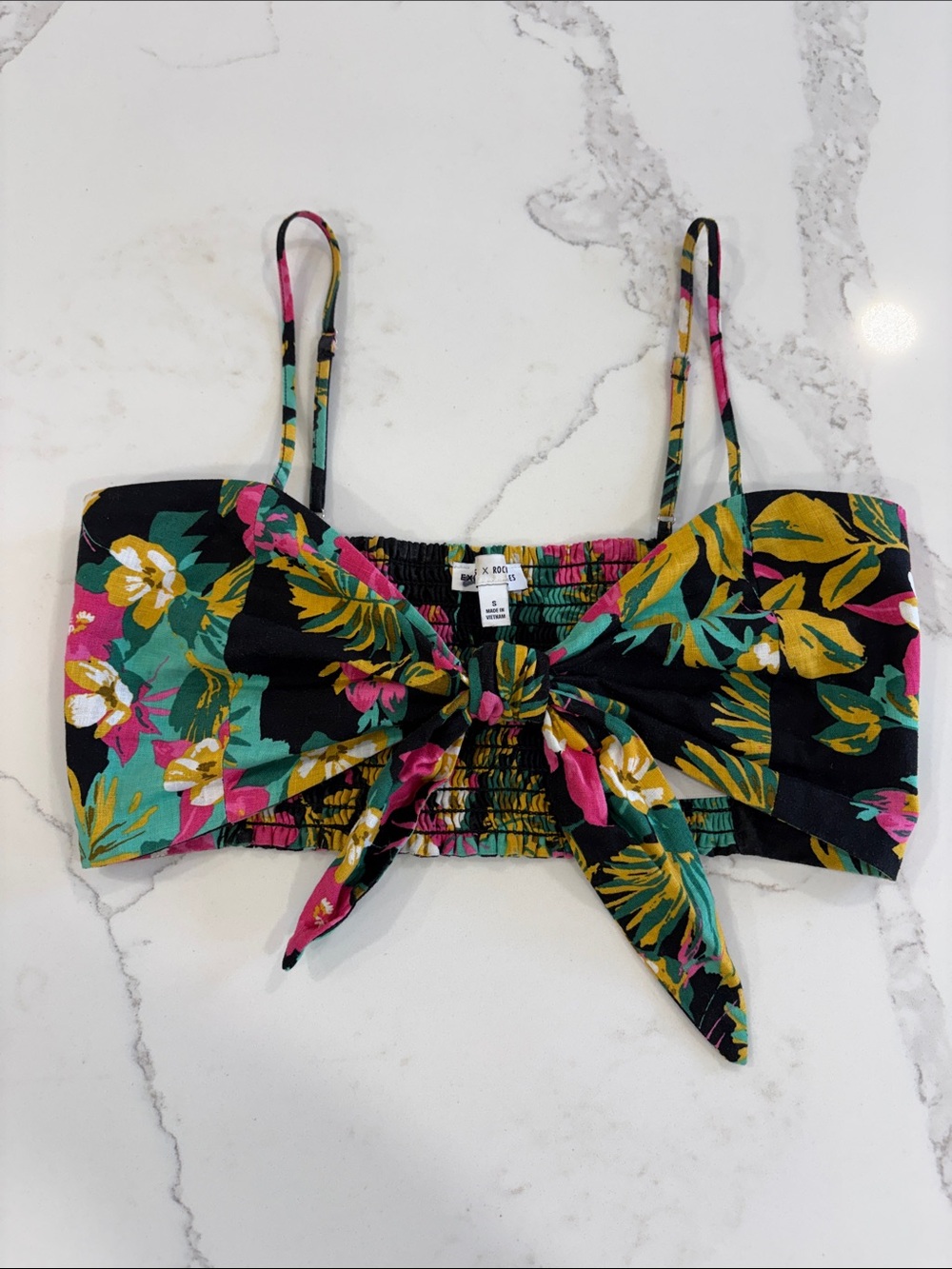 Express x Rocky Barnes Black Floral Print Tie-Front Crop Top Linen Cotton Size S